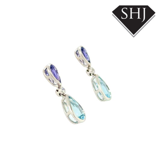 18ct White Gold 1.42ct Aquamarine & 0.72ct Tanzanite Drop Earrings