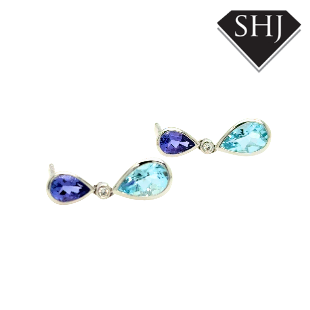 18ct White Gold 1.42ct Aquamarine & 0.72ct Tanzanite Drop Earrings