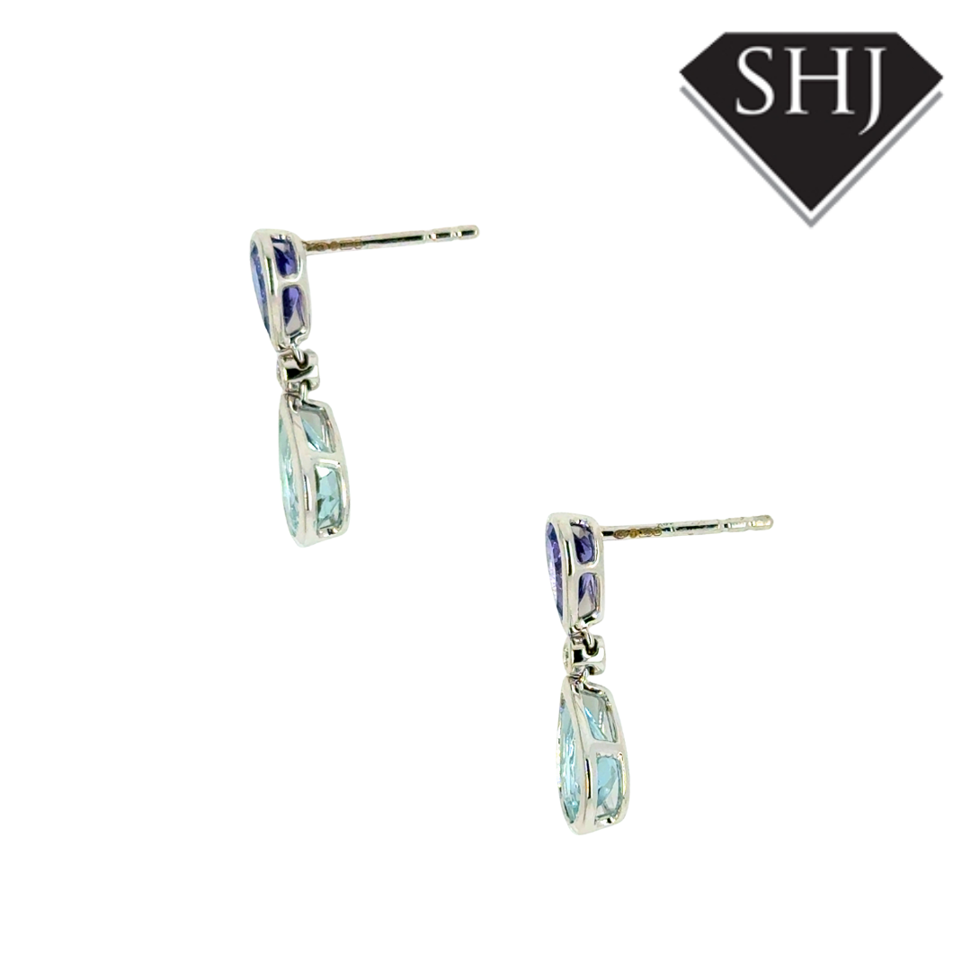 18ct White Gold 1.42ct Aquamarine & 0.72ct Tanzanite Drop Earrings