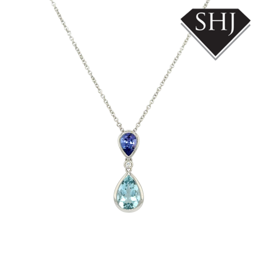 18ct White Gold Aquamarine, Tanzanite & Diamond Pendant