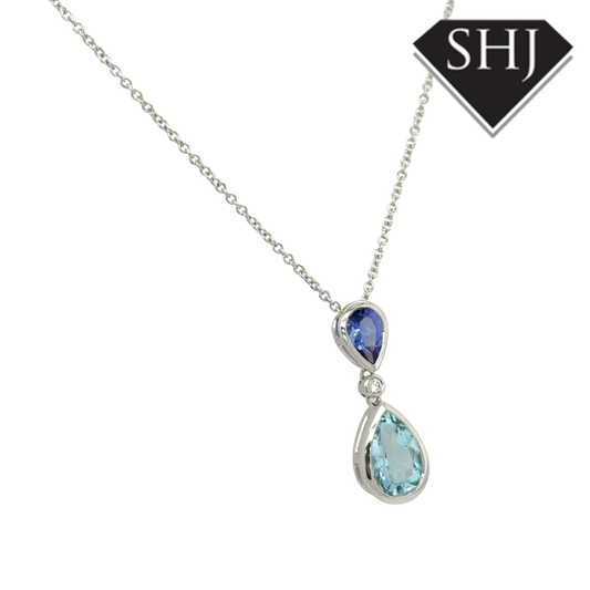 18ct White Gold Aquamarine, Tanzanite & Diamond Pendant