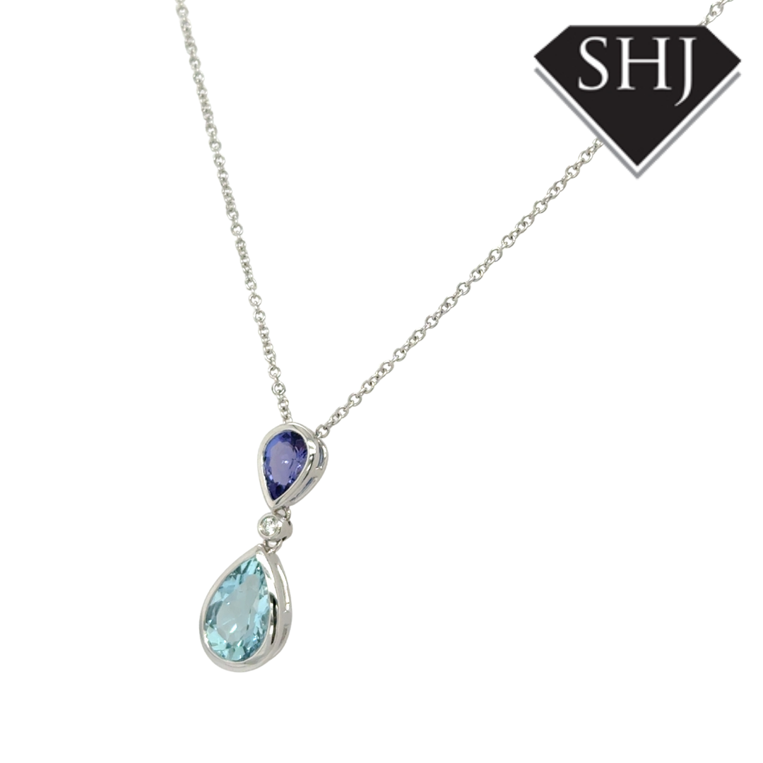 18ct White Gold Aquamarine, Tanzanite & Diamond Pendant