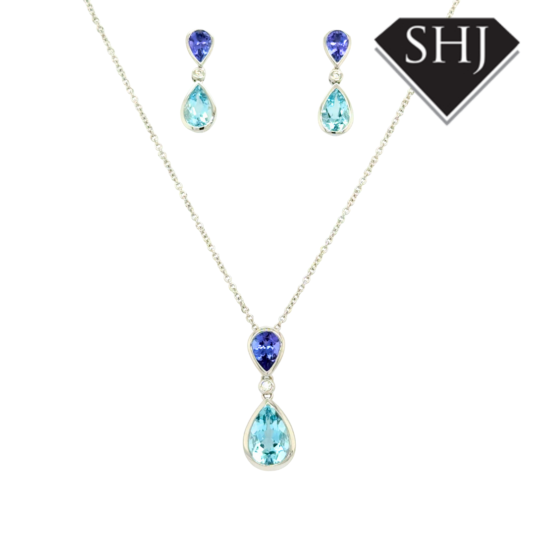 18ct White Gold Aquamarine, Tanzanite & Diamond Pendant