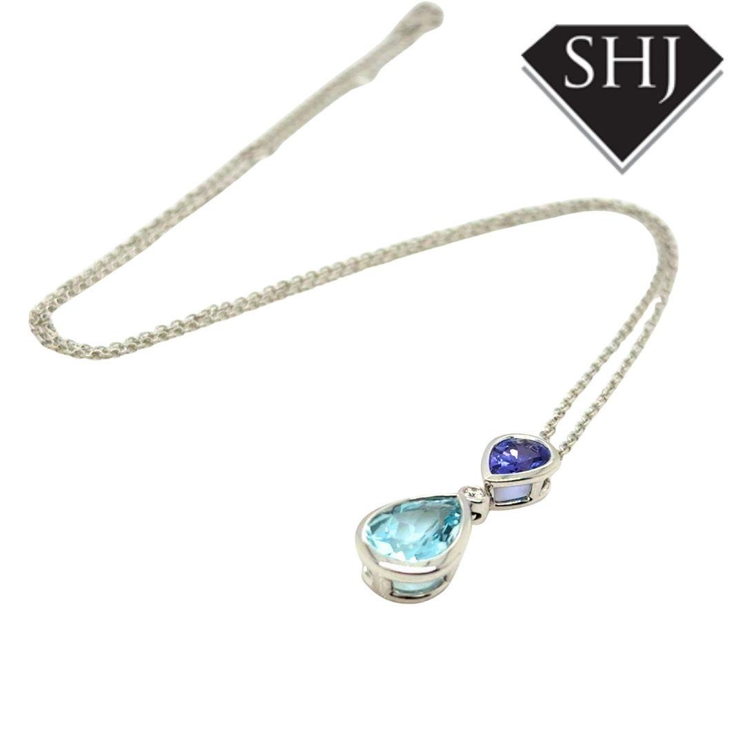 18ct White Gold Aquamarine, Tanzanite & Diamond Pendant