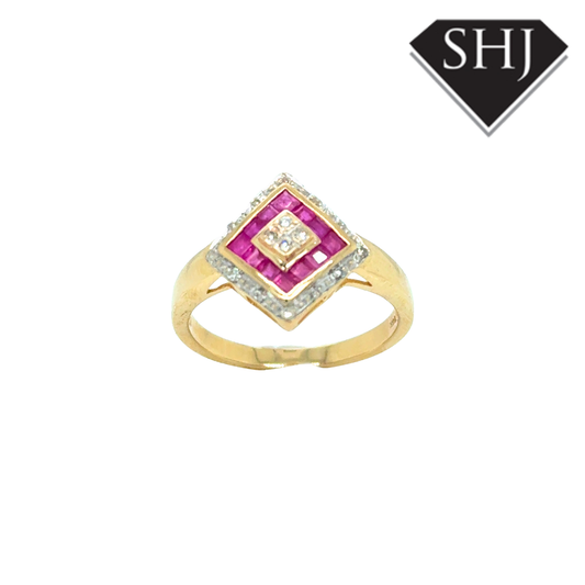 9ct Yellow Gold Ruby and Diamond Princess Cut Cluster Ring
