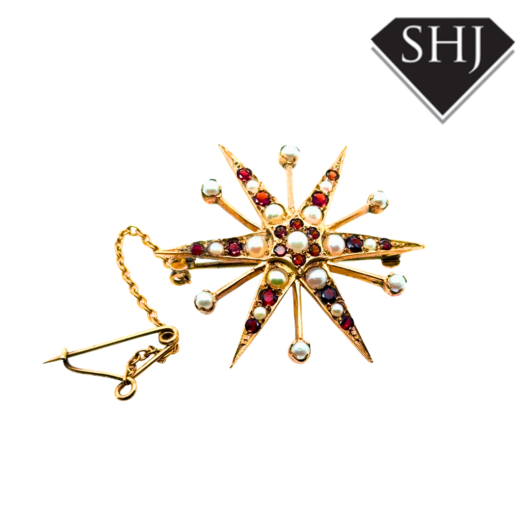 9ct Yellow Gold Garnet & Pearl Brooch