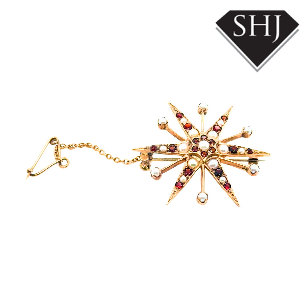 9ct Yellow Gold Garnet & Pearl Brooch
