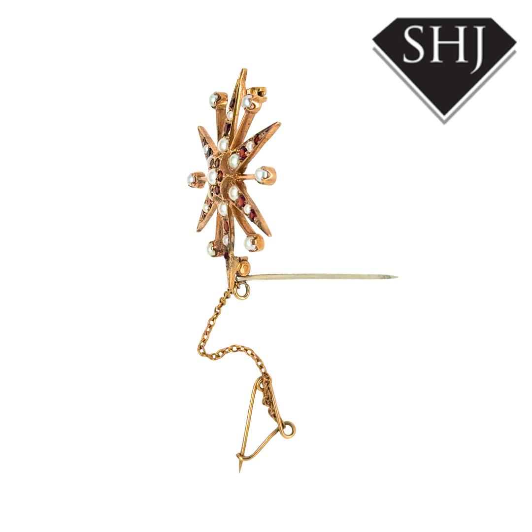 9ct Yellow Gold Garnet & Pearl Brooch