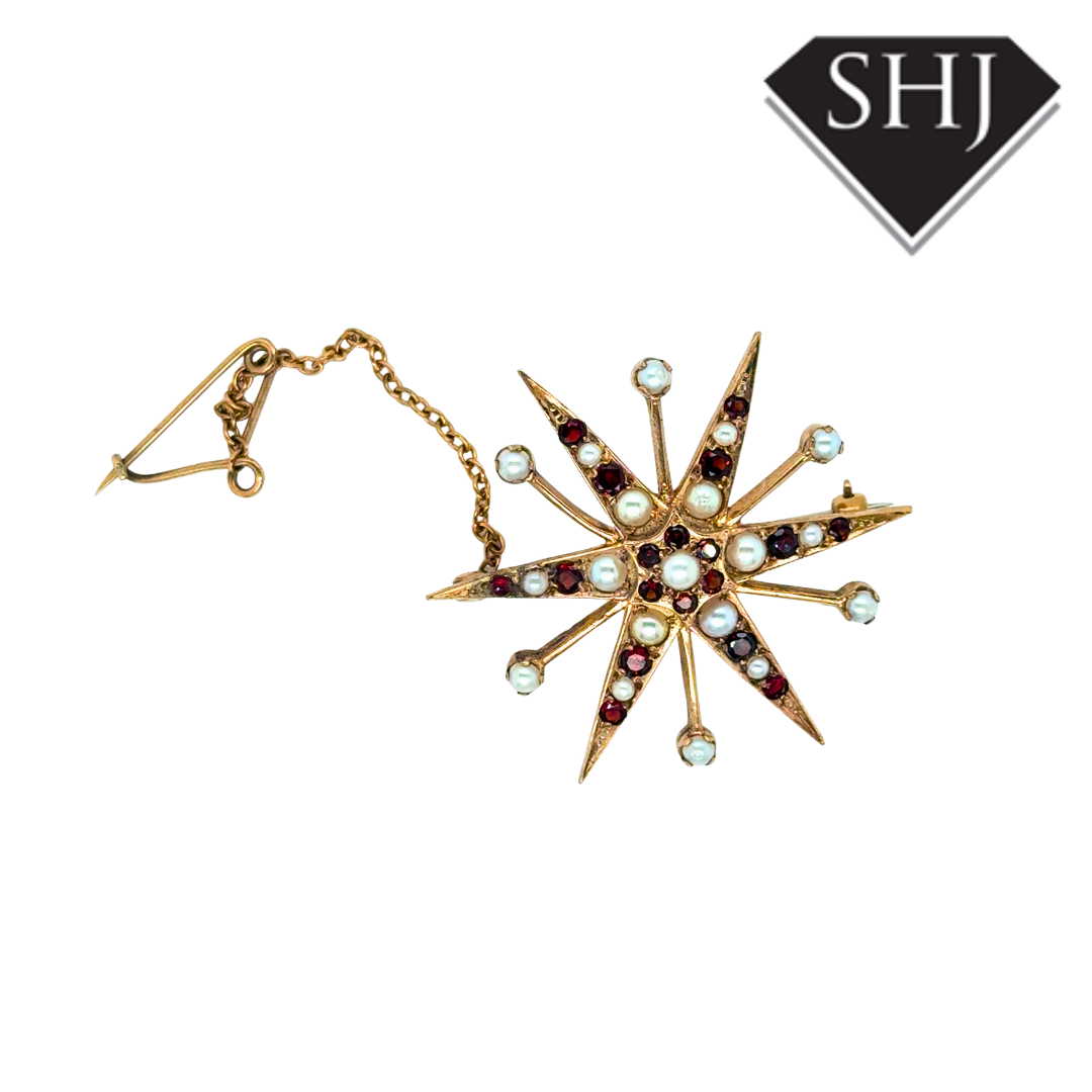 9ct Yellow Gold Garnet & Pearl Brooch