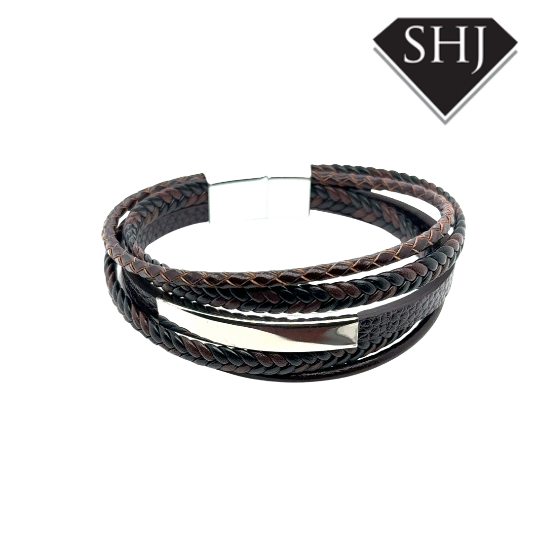 Gents Brown Leather ID Bracelet