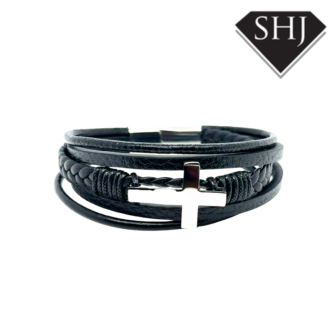 Gents Black Leather Cross ID Bracelet