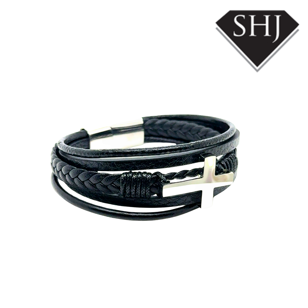 Gents Black Leather Cross ID Bracelet
