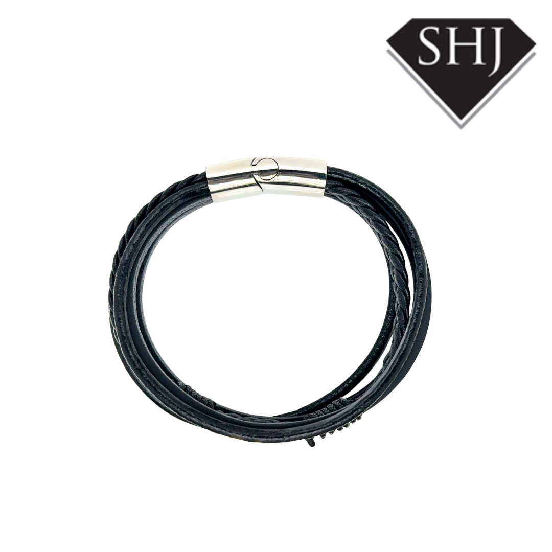 Gents Black Leather Cross ID Bracelet