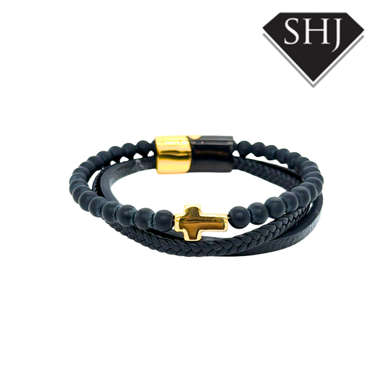 Gents Black Leather Cross Bracelet