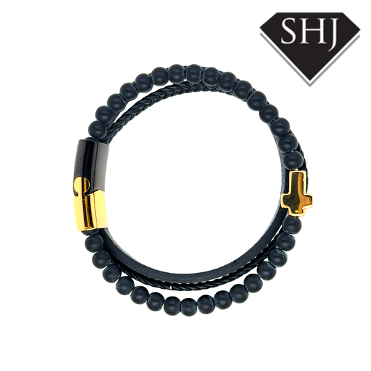 Gents Black Leather Cross Bracelet