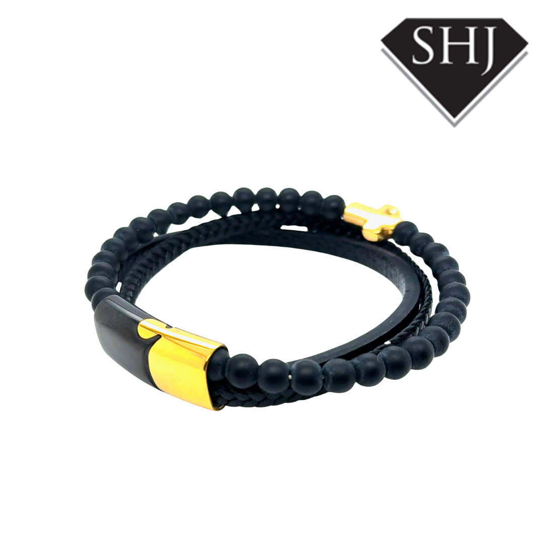 Gents Black Leather Cross Bracelet