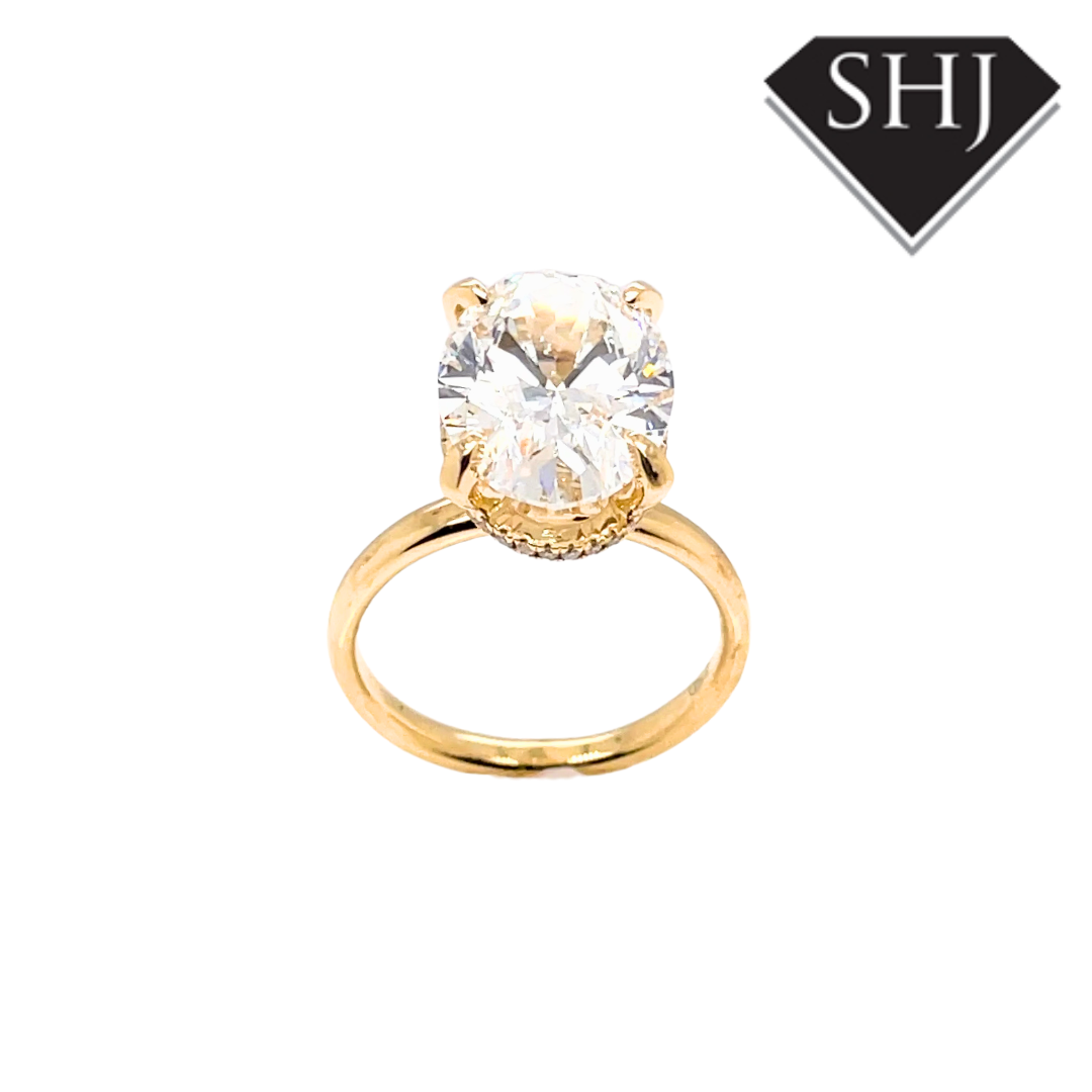 18ct Yellow Gold Lab Grown Oval 5.00ct Diamond Hidden Halo Ring E VVS2