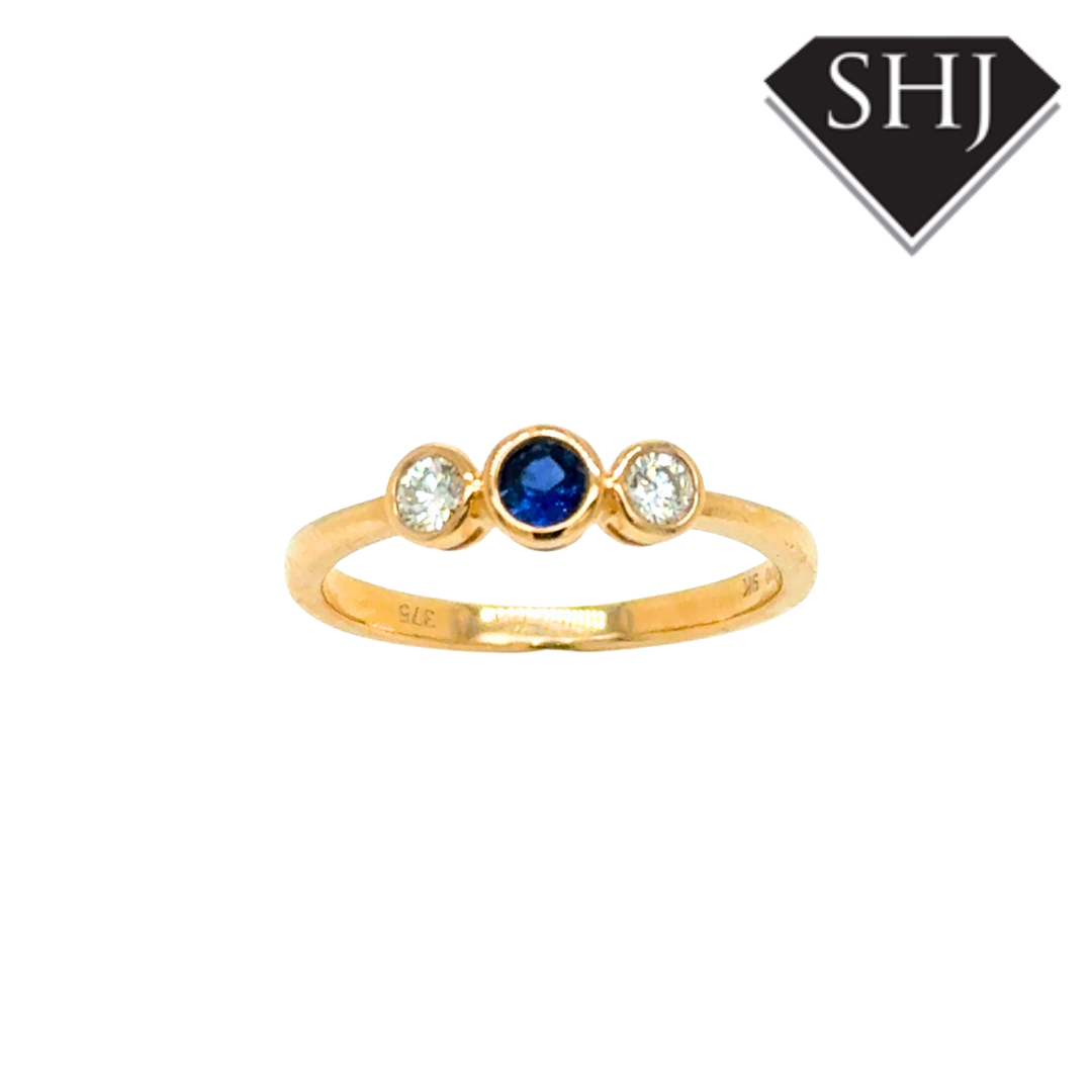 9ct Yellow Gold 0.14ct Sapphire and 0.14ct Diamond Triology Ring