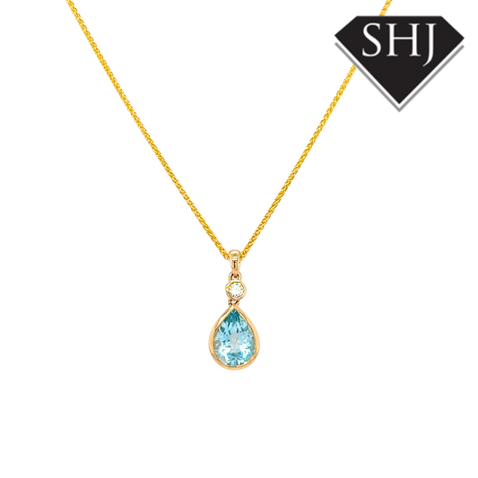 9ct Yellow Gold 1.94ct Blue Topas & 0.06ct Diamond Pendant