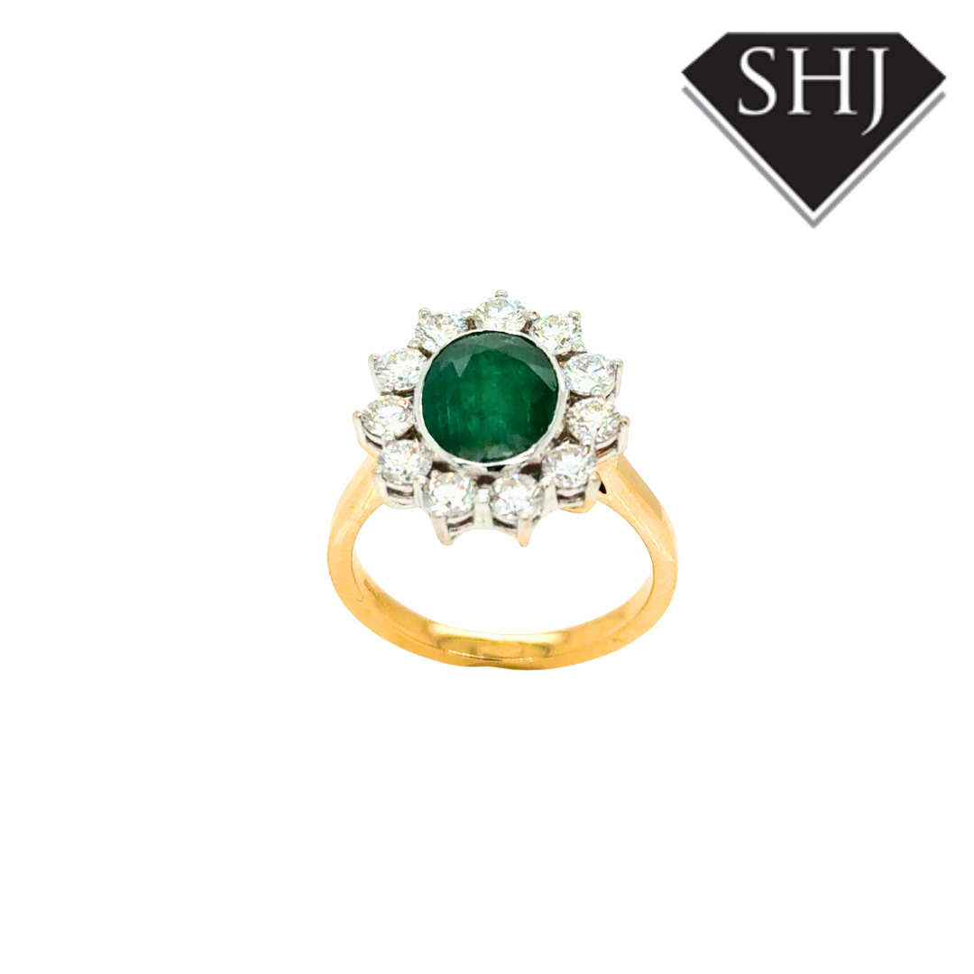 18ct Yellow Gold Emerald & Diamond Cluster Ring