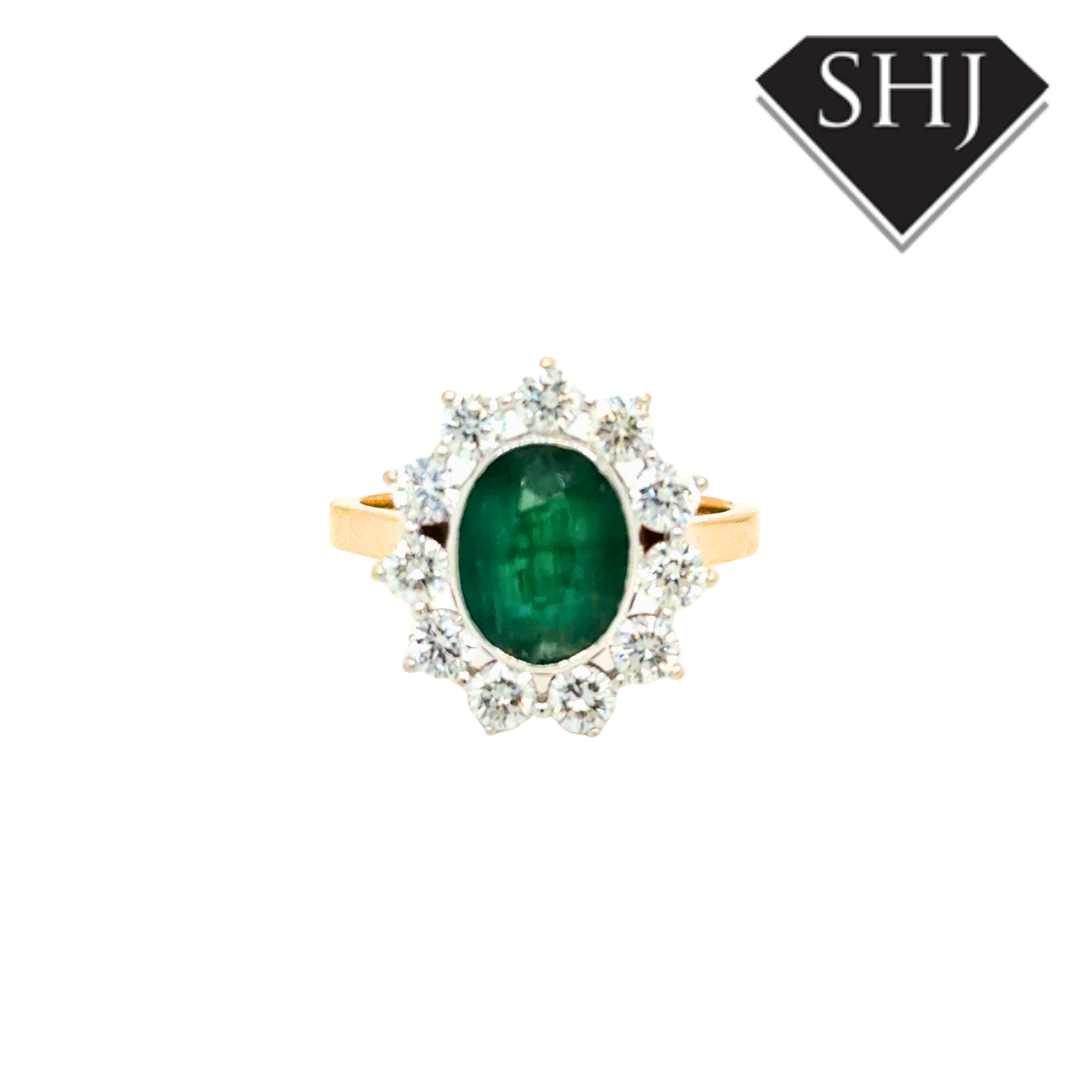 18ct Yellow Gold Emerald & Diamond Cluster Ring