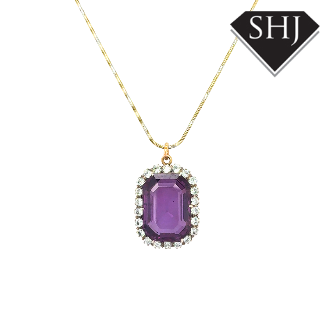 9ct Yellow Gold Amethyst and Diamond Pendant & Chain