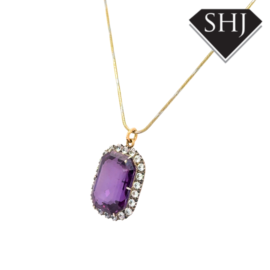 9ct Yellow Gold Amethyst and Diamond Pendant & Chain