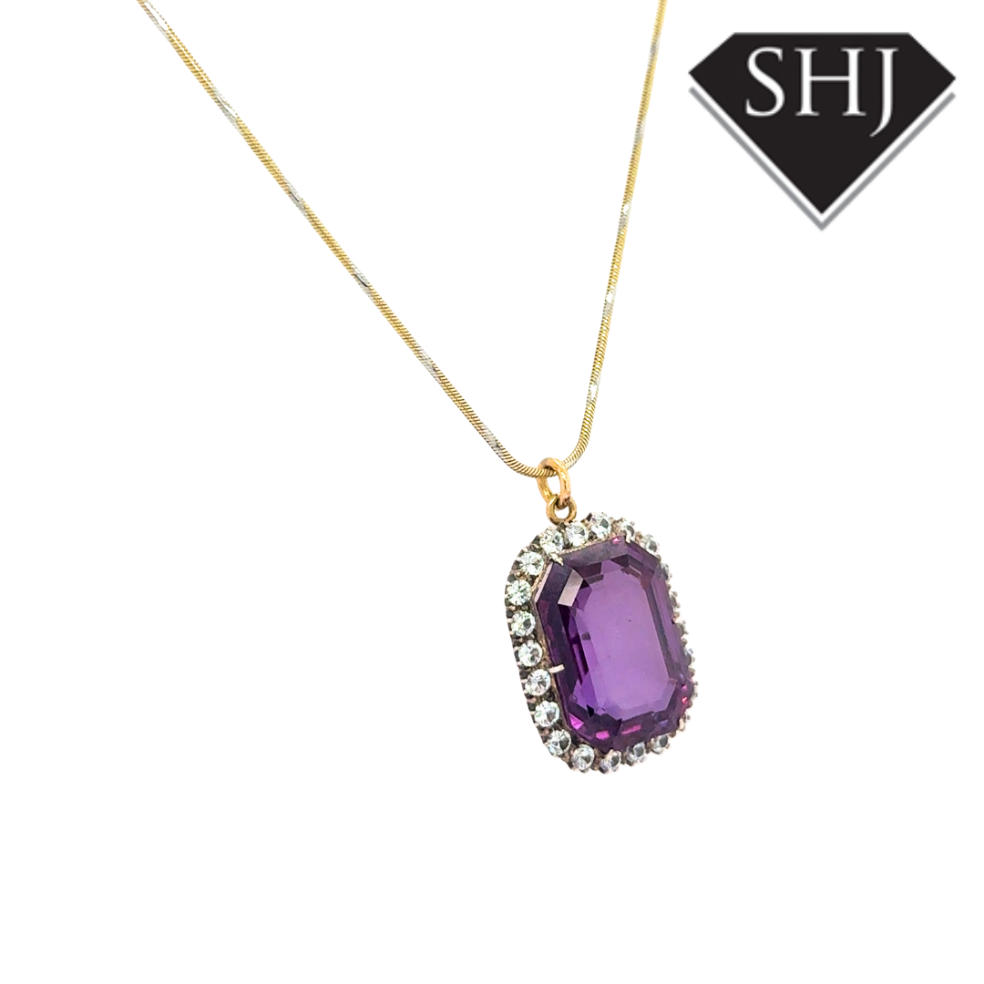 9ct Yellow Gold Amethyst and Diamond Pendant & Chain