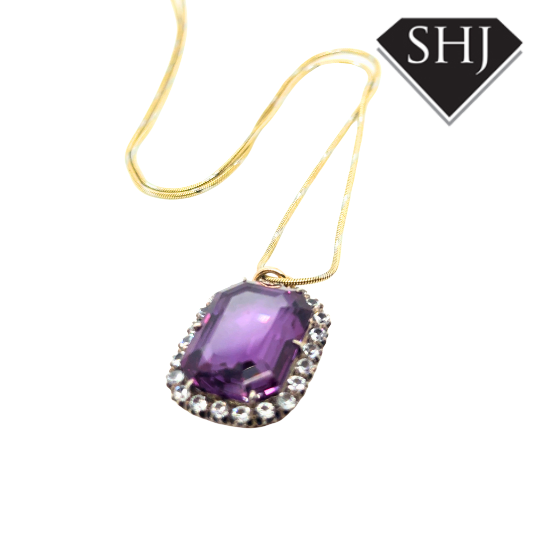 9ct Yellow Gold Amethyst and Diamond Pendant & Chain