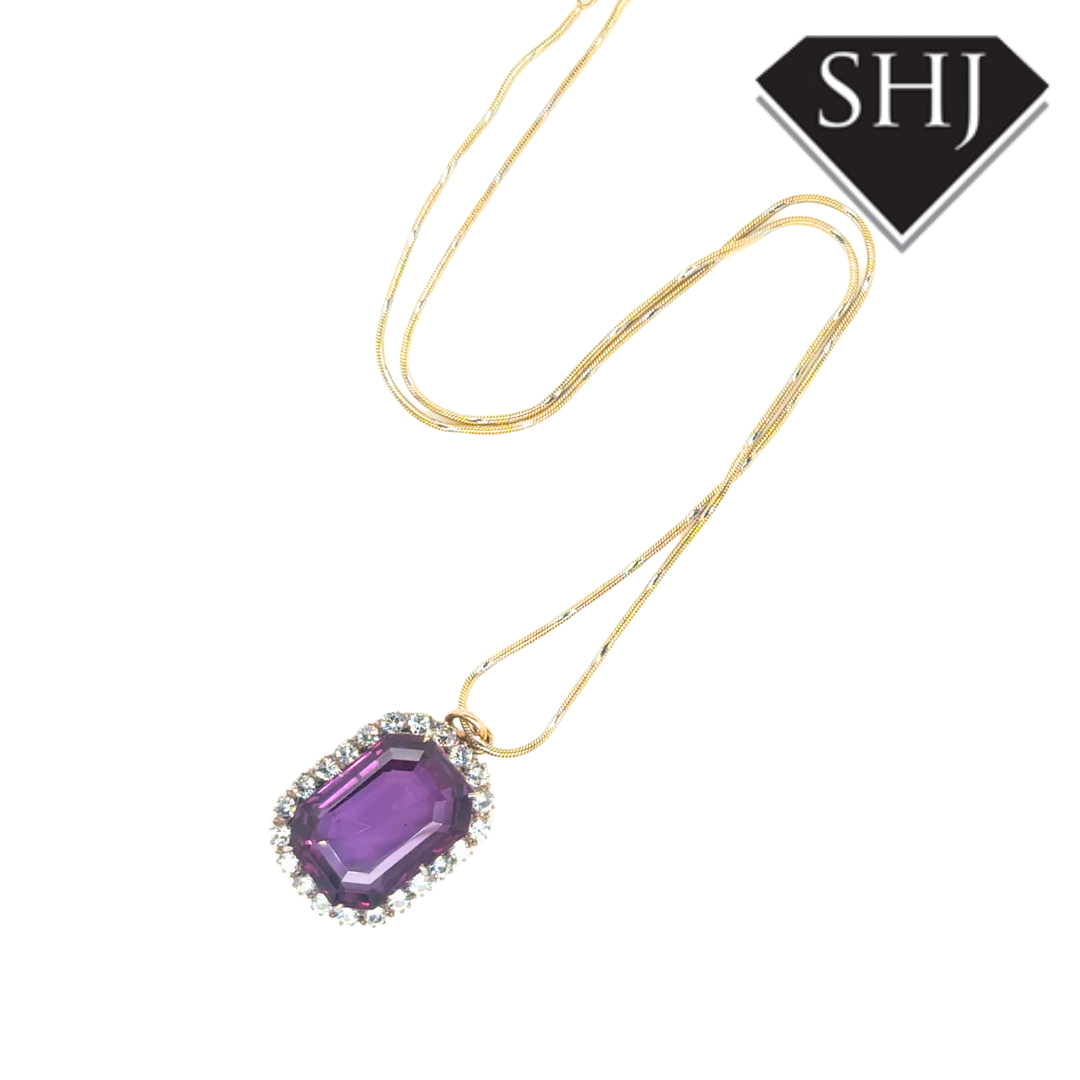 9ct Yellow Gold Amethyst and Diamond Pendant & Chain