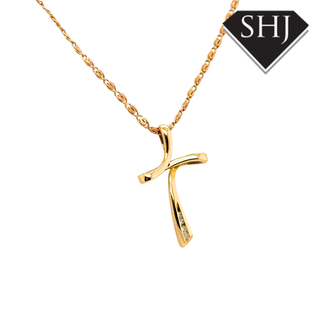 9ct Yellow Gold Diamond Cross and Chain