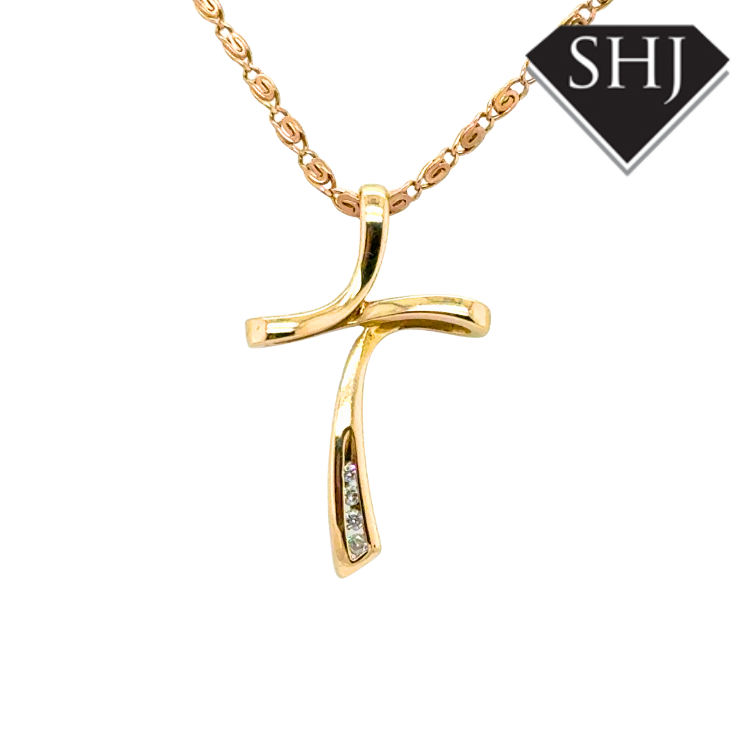 9ct Yellow Gold Diamond Cross and Chain