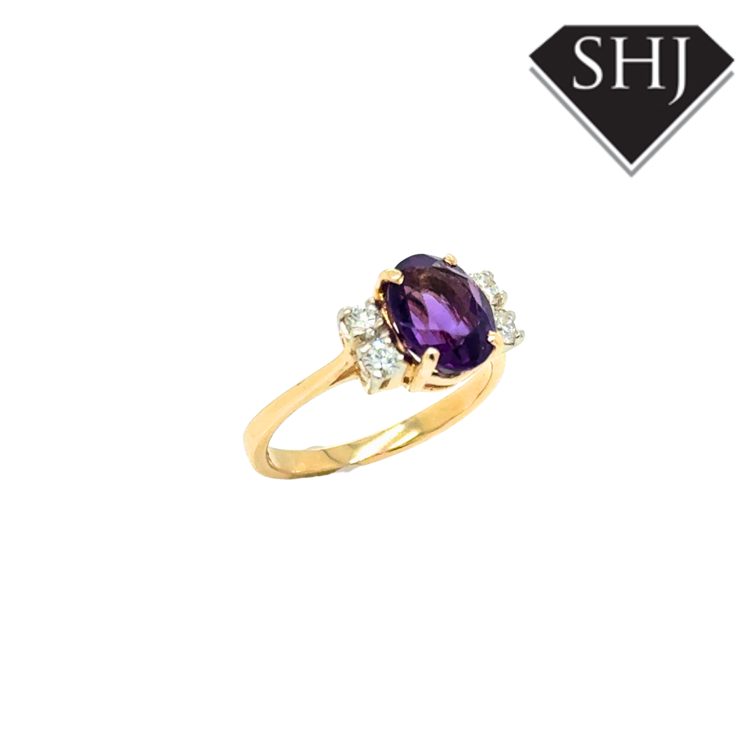 14ct Yellow Gold Amethyst & Diamond Cluster Ring