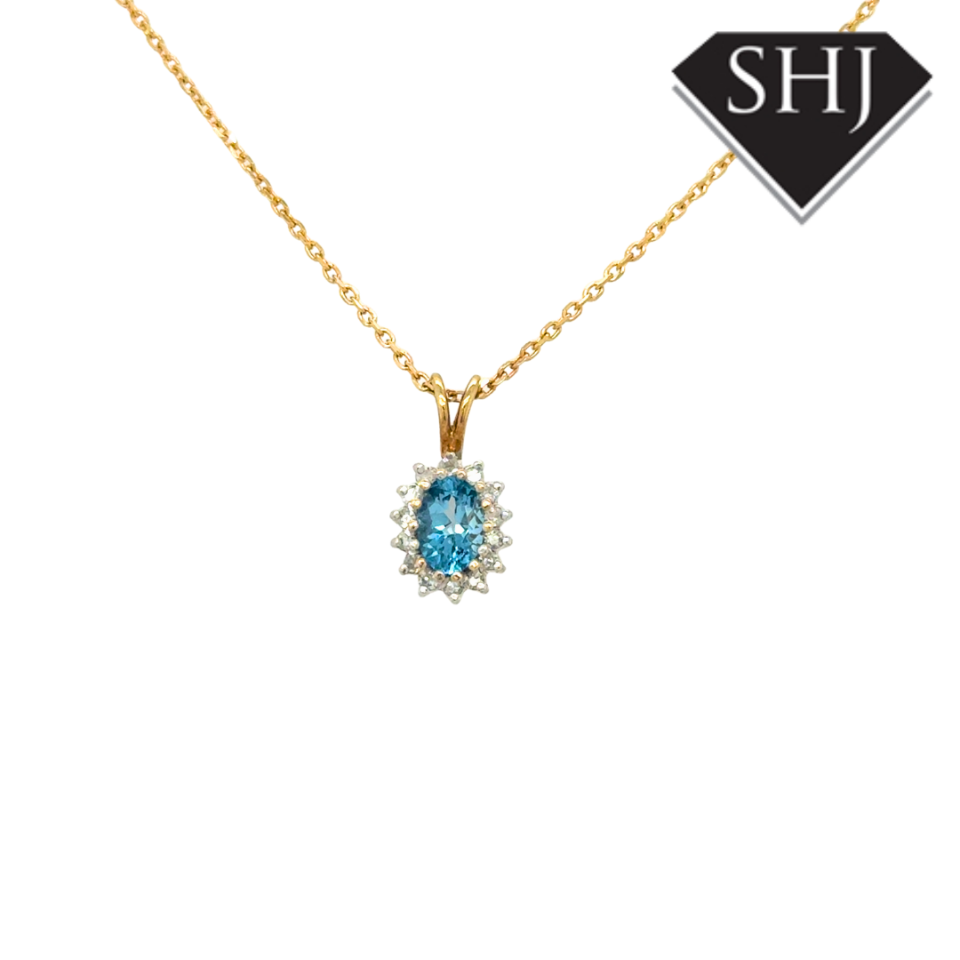 9ct Yellow Gold Blue Topas Pendant & Chain