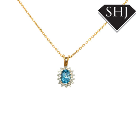 9ct Yellow Gold Blue Topas Pendant & Chain