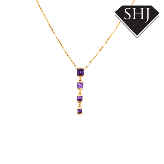 9ct Yellow Gold Amethyst Drop Pendant & Chain