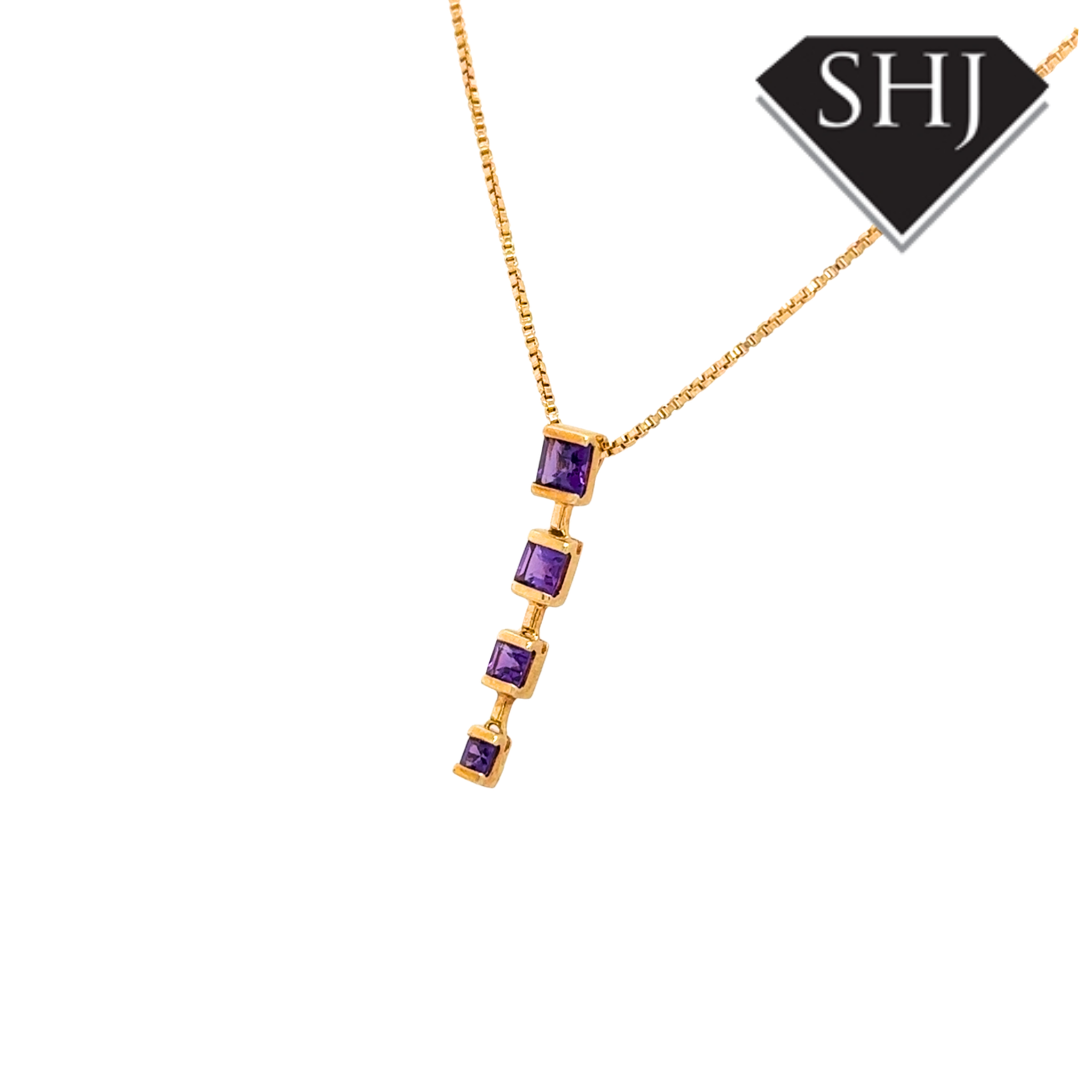 9ct Yellow Gold Amethyst Drop Pendant & Chain