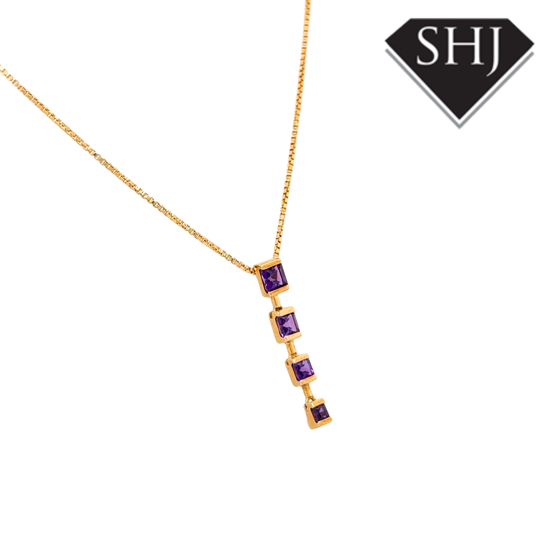 9ct Yellow Gold Amethyst Drop Pendant & Chain