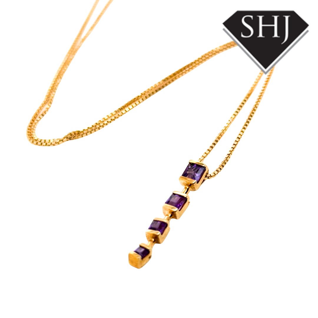 9ct Yellow Gold Amethyst Drop Pendant & Chain