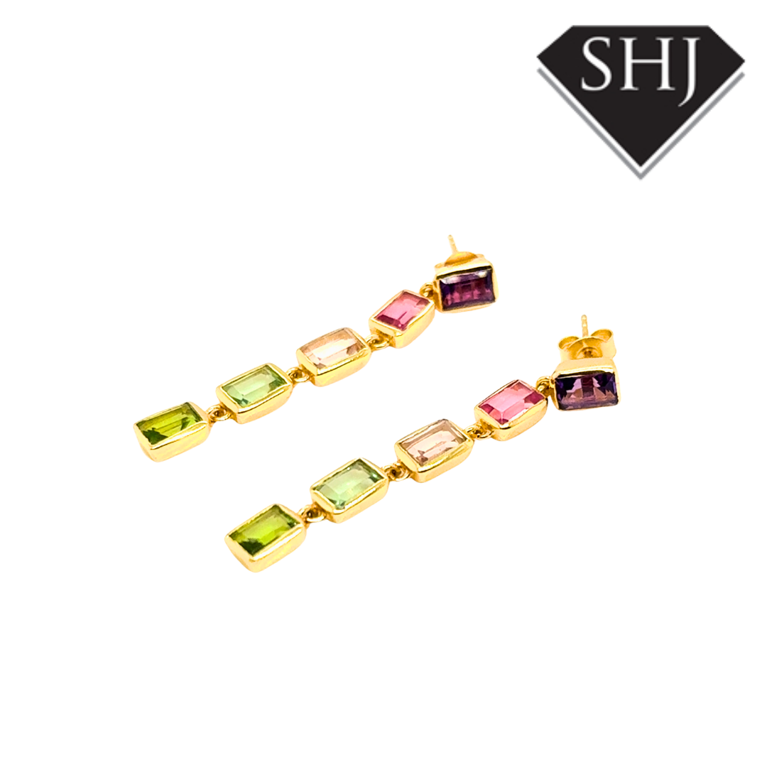 Silver 24ct Gold Plated Multi Gemstone Drop Earrings