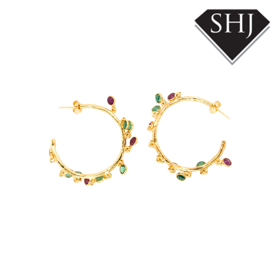 Silver 24ct Gold Plated Multi Colours Gemstone Hoop Earrings