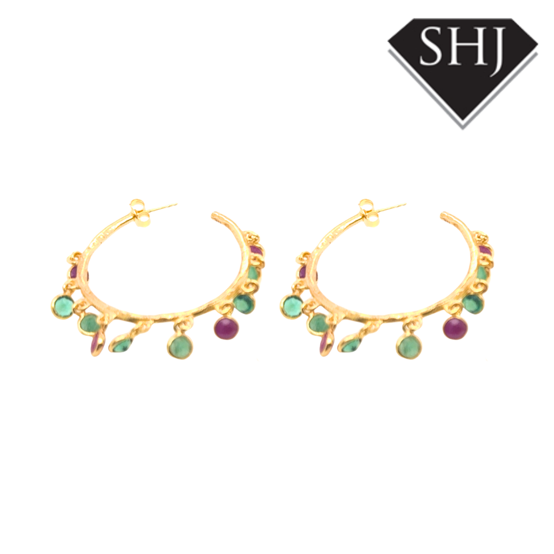 Silver 24ct Gold Plated Multi Colours Gemstone Hoop Earrings