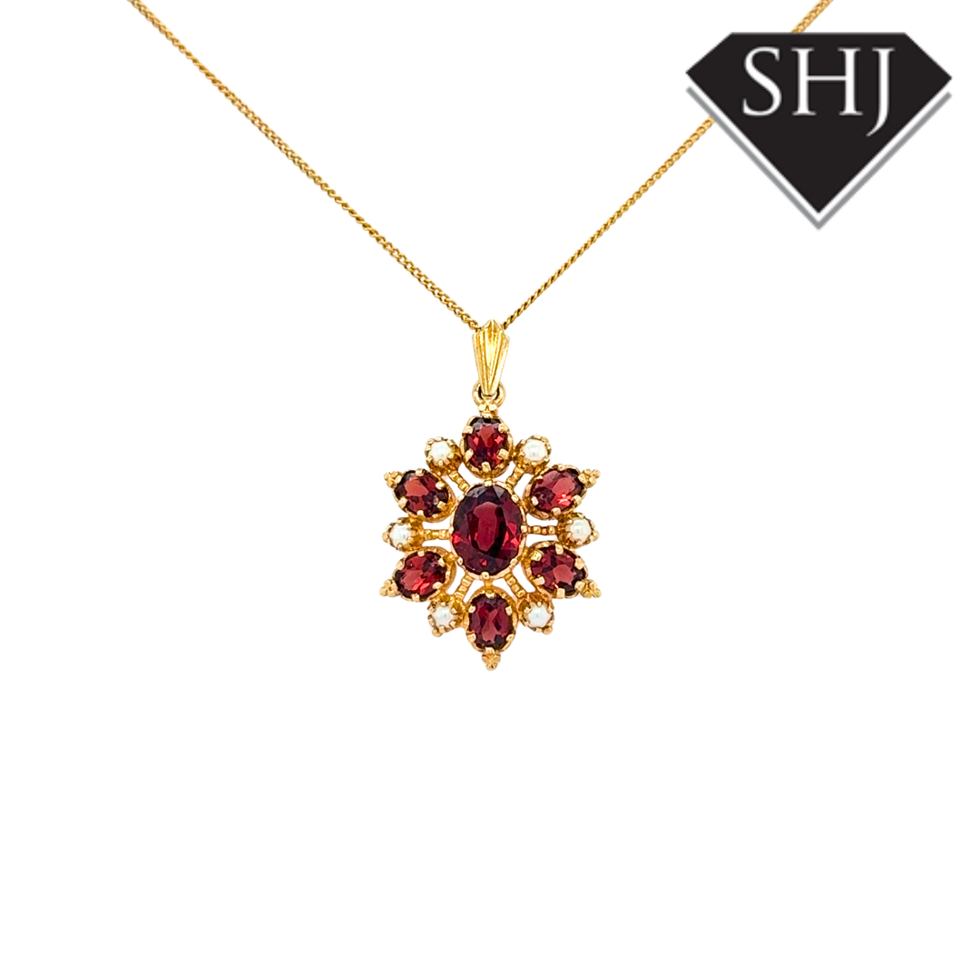 9ct Yellow Gold Garnet & Pearl Pendant & Chain