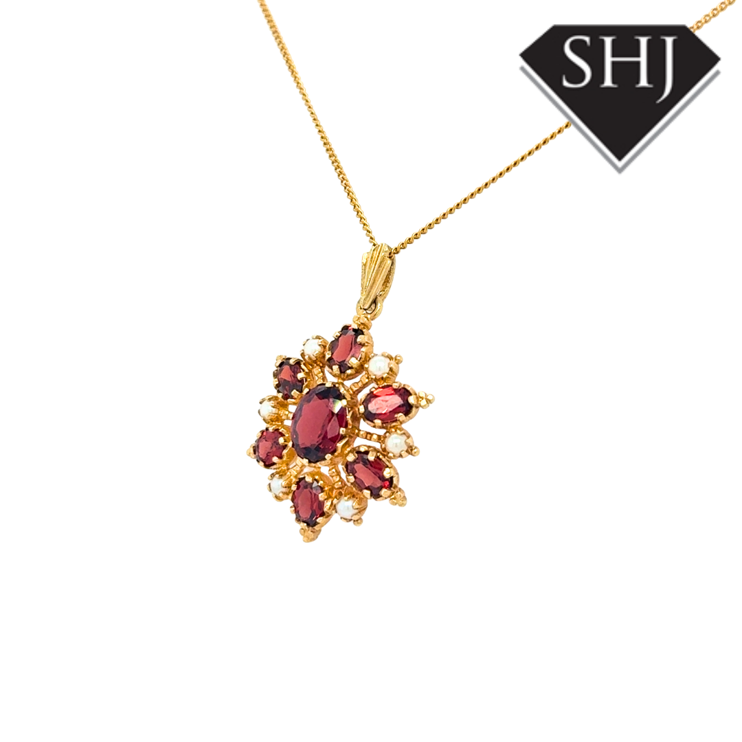 9ct Yellow Gold Garnet & Pearl Pendant & Chain
