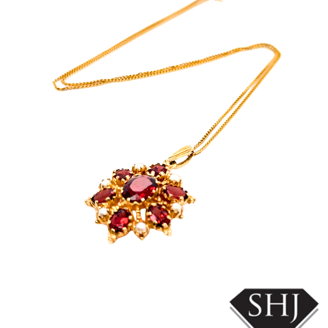 9ct Yellow Gold Garnet & Pearl Pendant & Chain