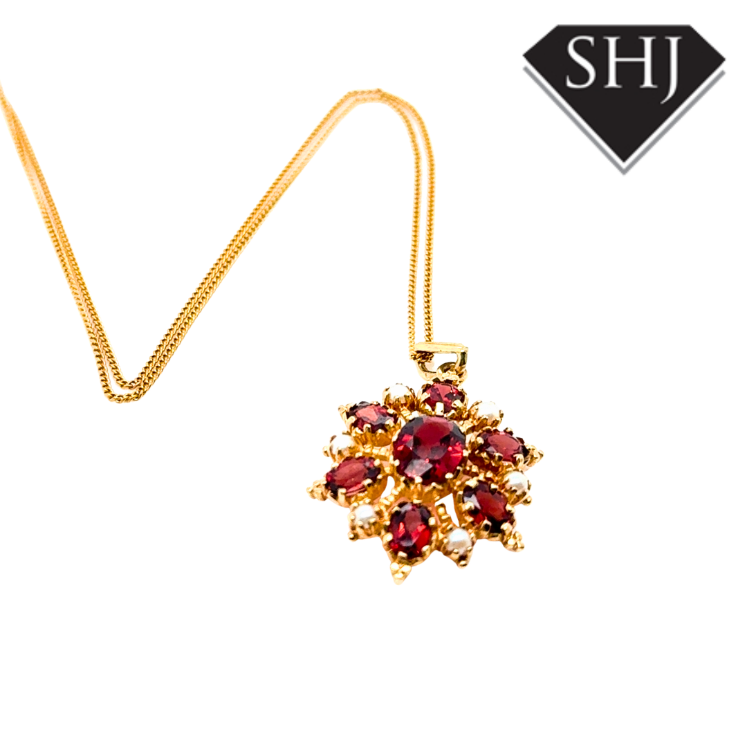 9ct Yellow Gold Garnet & Pearl Pendant & Chain