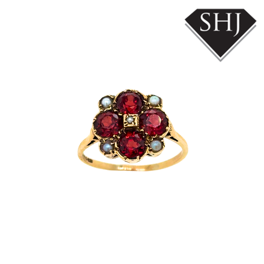 9ct Yellow Gold Garnet & Pearl Ring