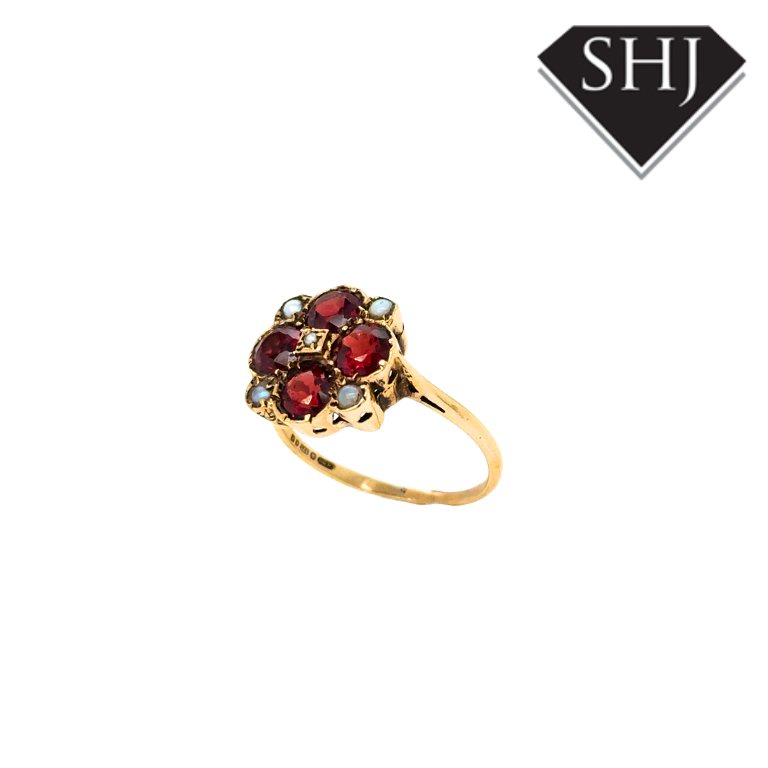 9ct Yellow Gold Garnet & Pearl Ring