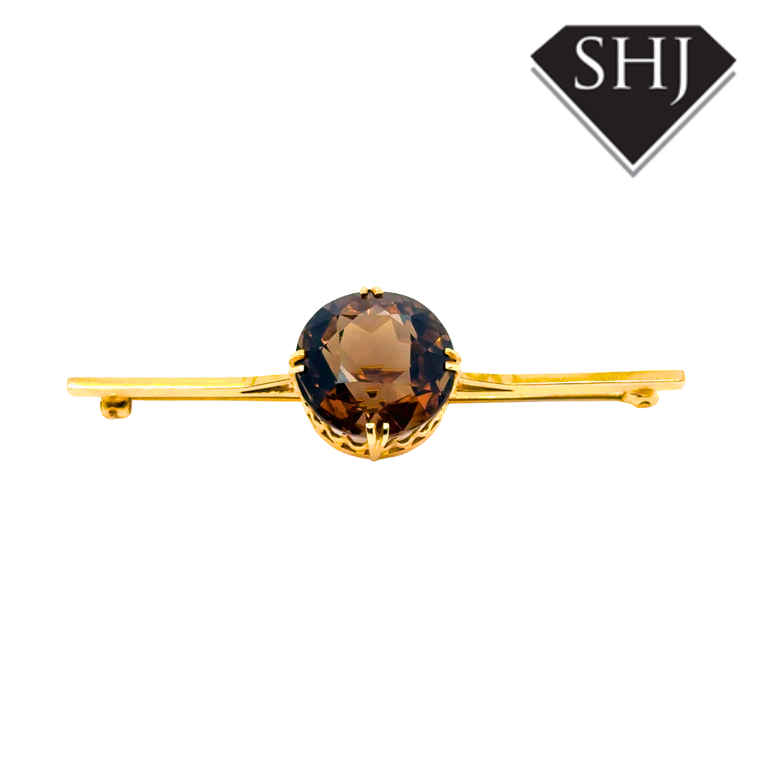 9ct Yellow Gold Smokey Quartz Bar Brooch