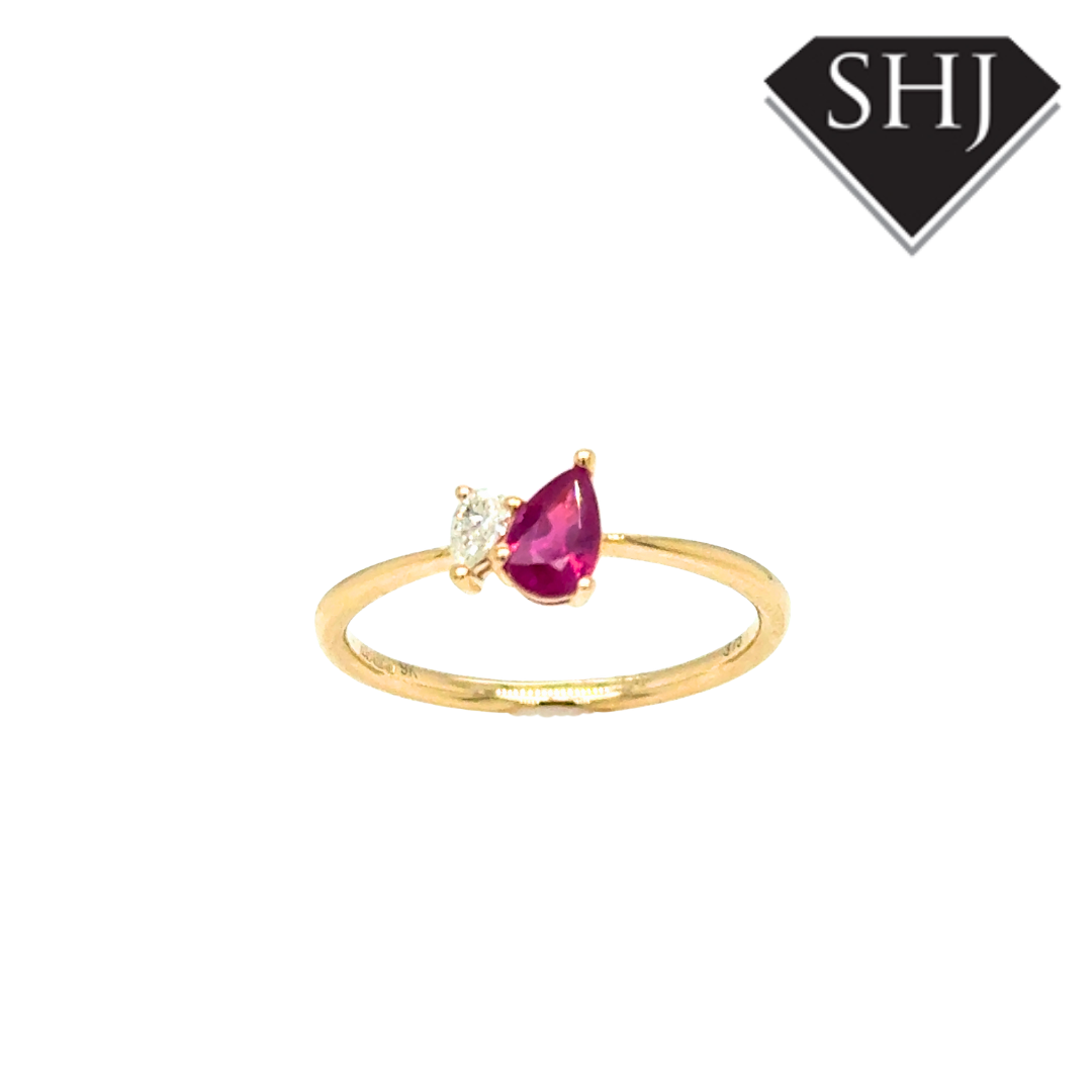 9ct Yellow Gold Pear 0.48ct Ruby & 0.09ct Diamond Ring